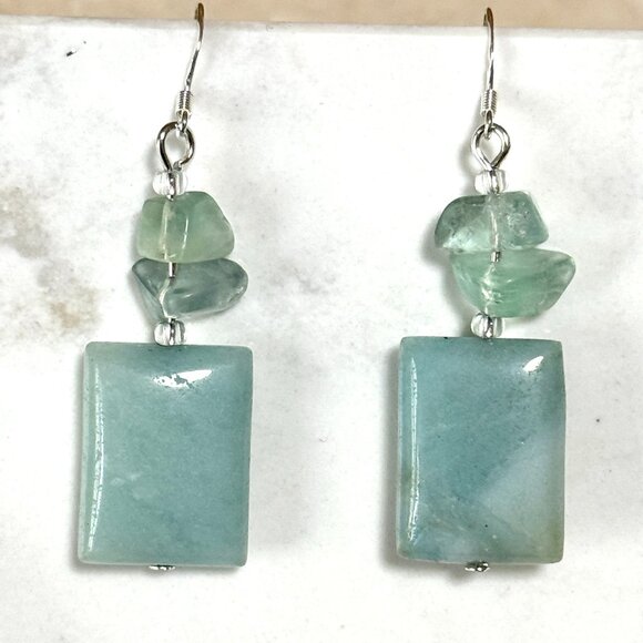2/$20, Genuine Teal Amazonite & Fluorite Gemstone Sterling Silver Hook Earrings - Picture 1 of 9